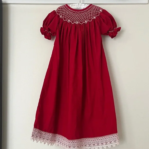 Elegant Kids Smocked Red Formal Dress with Lace Details - Picture 2 of 7